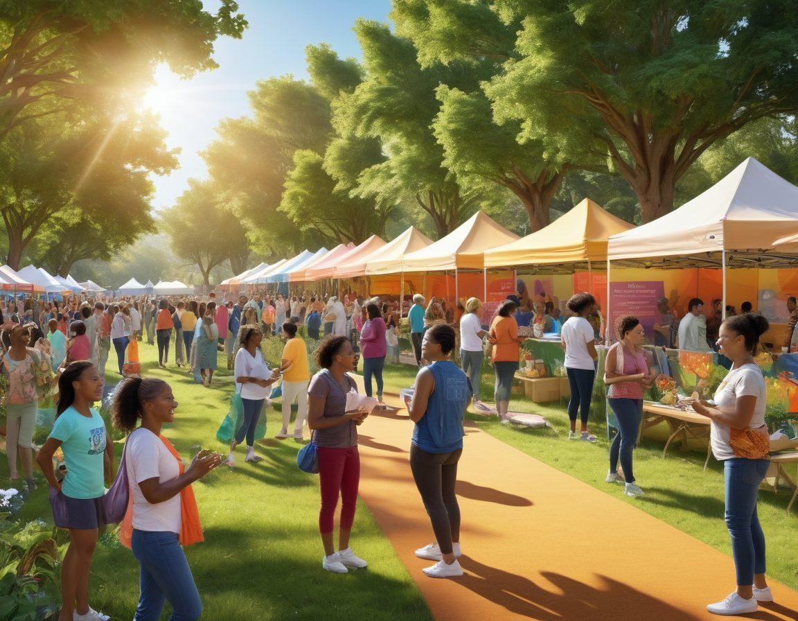 A diverse group of people engaging in a vibrant community health fair with booths displaying emotional and physical well-being resources. Include smiling individuals of different ages and backgrounds participating in activities like yoga, nutrition workshops, and mental health discussions. Bright banners and informational pamphlets should reflect the theme of wellness. Capture a sense of unity and support in an outdoor park setting. colorful illustration. vibrant colors. 3D.