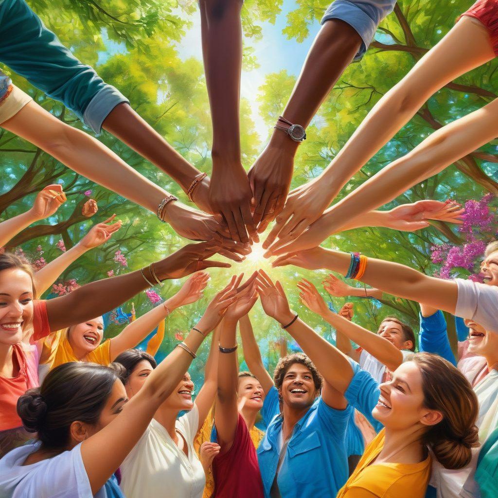 A vibrant community gathering in a sunlit park, featuring diverse groups of people engaging in joyful activities like dancing, painting, and sharing meals. Include colorful banners that symbolize unity and well-being, surrounded by lush greenery and blooming flowers. Add elements of laughter and connection, such as interlocking hands or a circle of friends. super-realistic. vibrant colors. warm atmosphere.