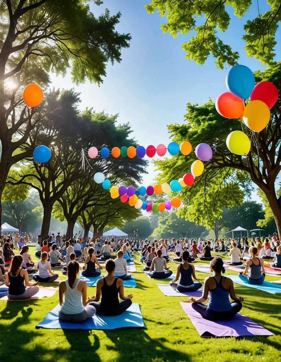 A vibrant community gathering in a park, featuring diverse groups of people participating in various wellness activities like yoga, gardening, and art workshops. Colorful banners and balloons adorn the scene, exuding a sense of joy and togetherness. Lush greenery backdrop and radiant sunshine enhance the atmosphere of health and happiness. super-realistic. vibrant colors. warm and inviting.